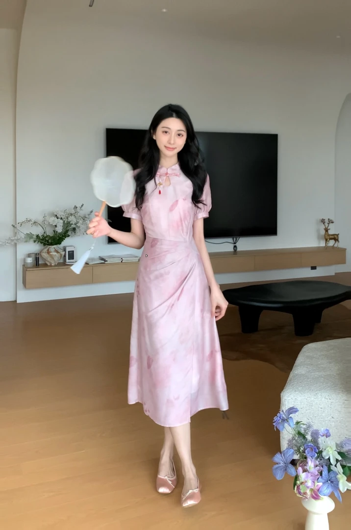 鹿向南【云锦春华】温婉特别设计师粉色新中式连衣裙DYL661723