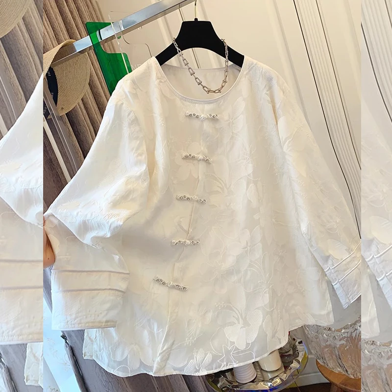 新中式刺绣蕾丝拼接盘扣衬衫上衣女早春新款休闲百搭衬衣时候爆款