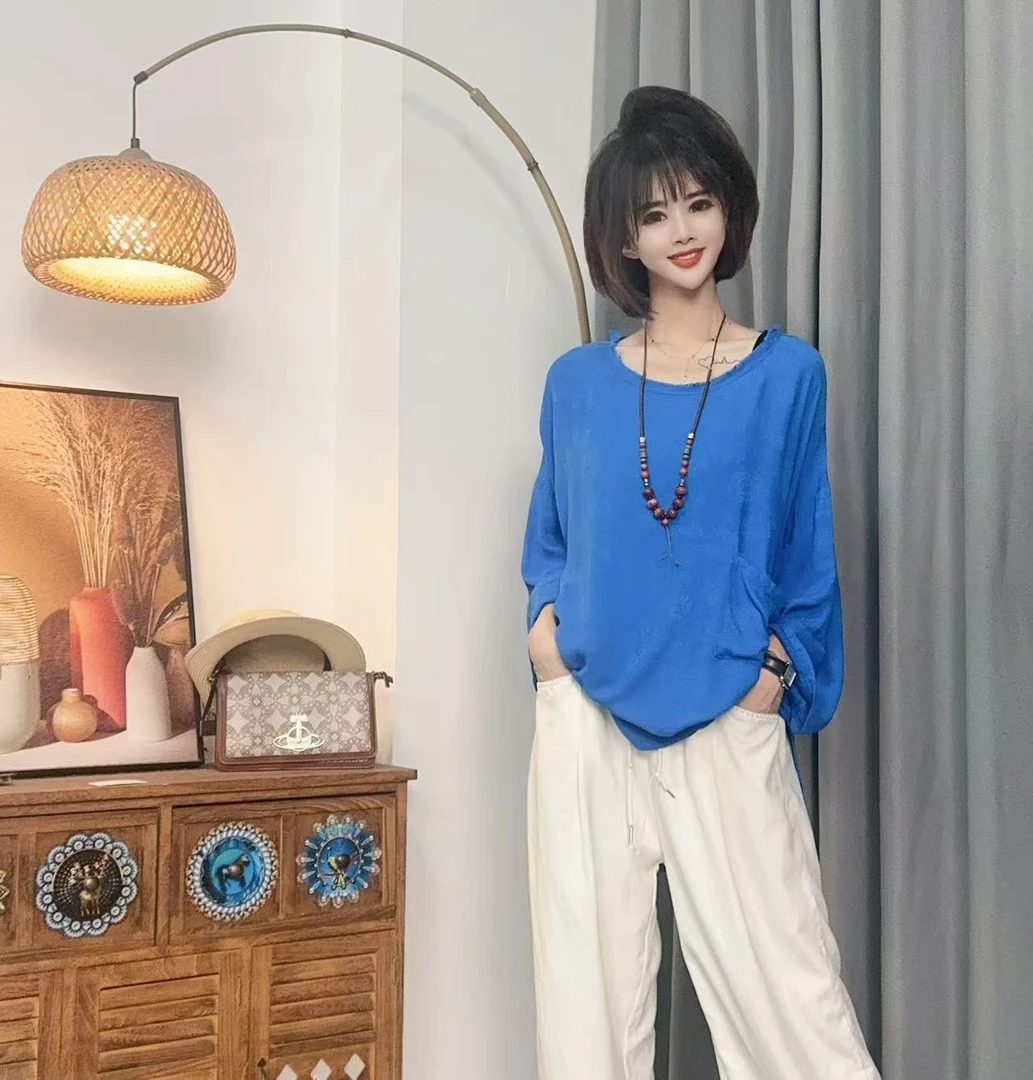 【沐木流浪记】（抚风）新款宽松孔雀蓝圆领潮流女衬衫Z