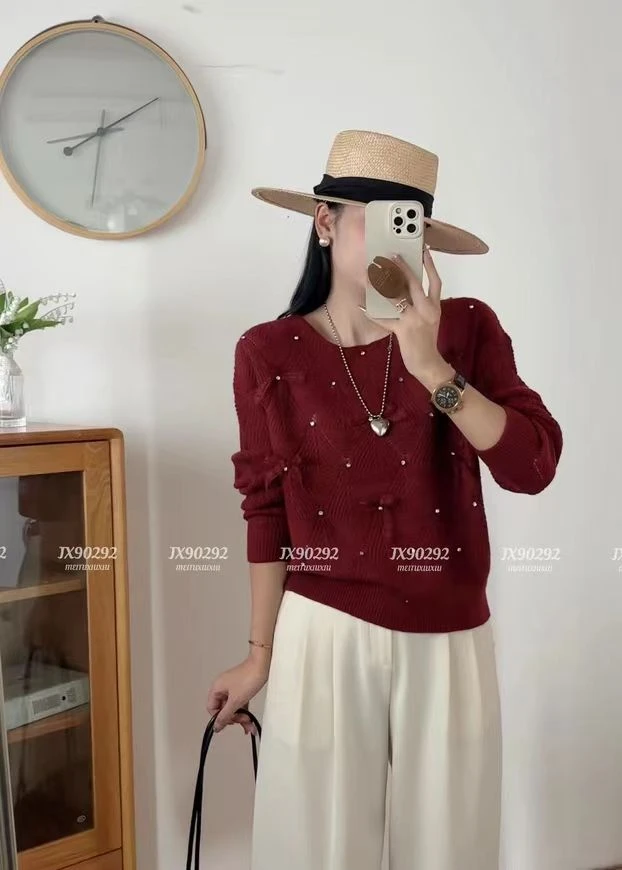 K90292女士新款洋气时尚蝴蝶结显瘦百搭长袖针织衫