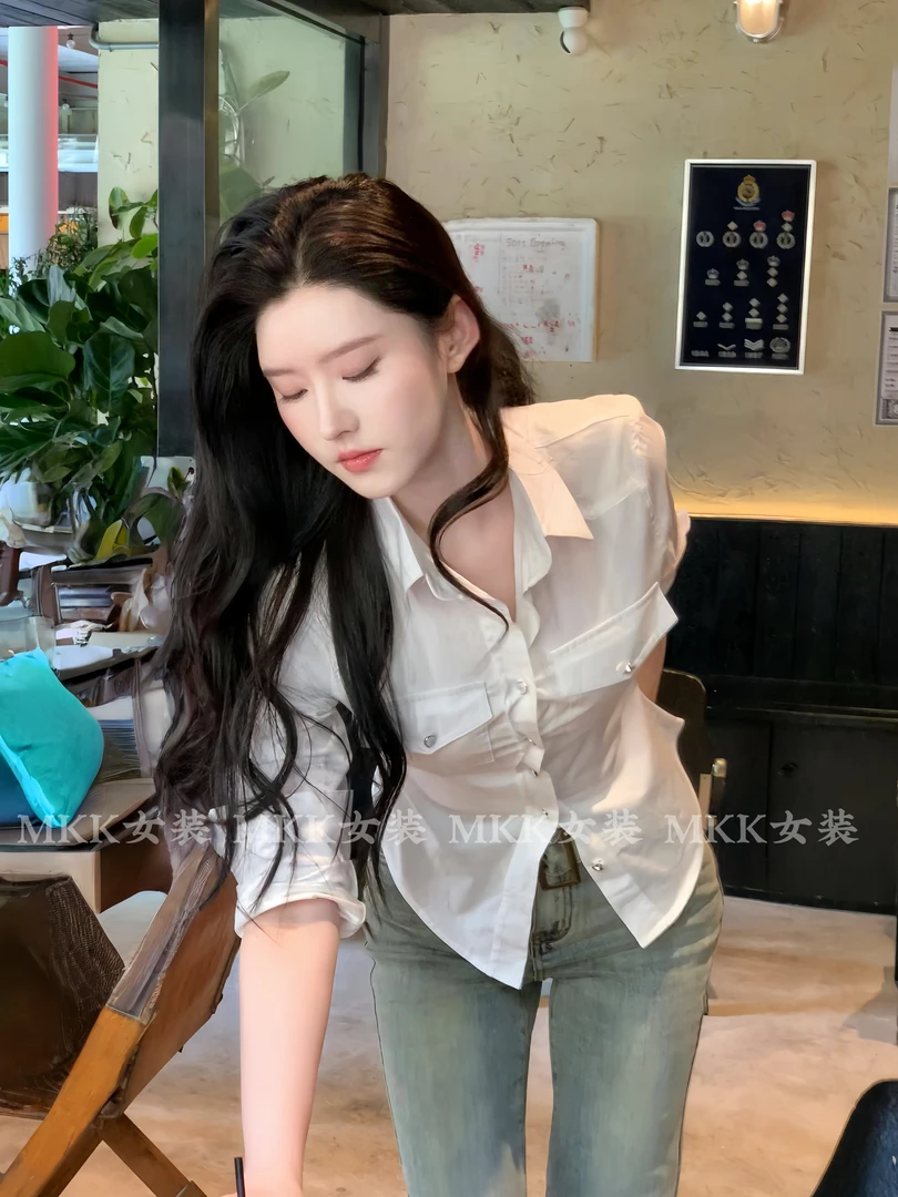 刘亦菲明星同款纯欲风气质翻领衬衫女修身收腰白色开衫上衣2025年