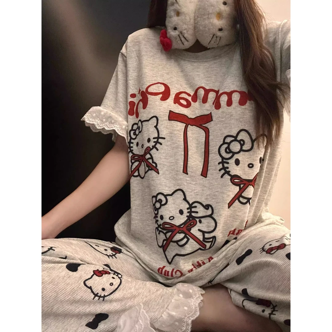 韩系蕾丝花边可爱Kitty印花短袖睡衣女夏季新款家居服大码两件套