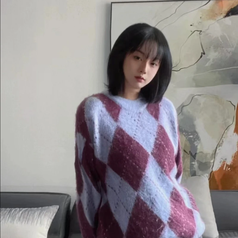 125毛衣秋冬女装撞色菱格毛衣