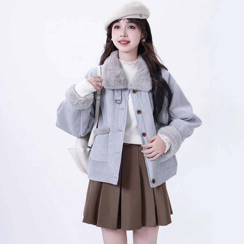 【认准正版】法式紫色立领短外套女冬新款加绒加厚皮毛一体夹克上衣