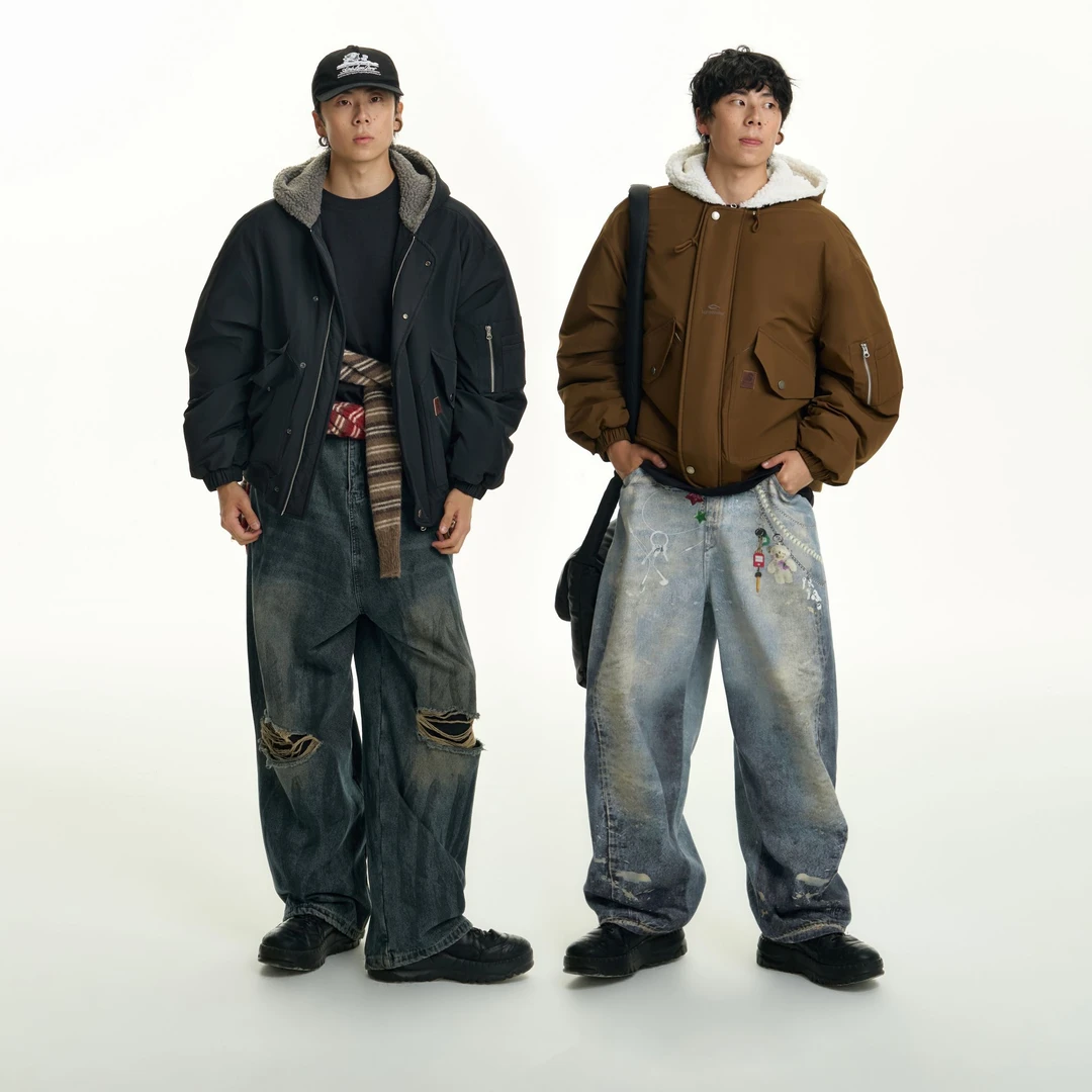 TGNS潮牌连帽工装夹克男女同款2024年新款秋冬仿羊羔毛内里厚外套