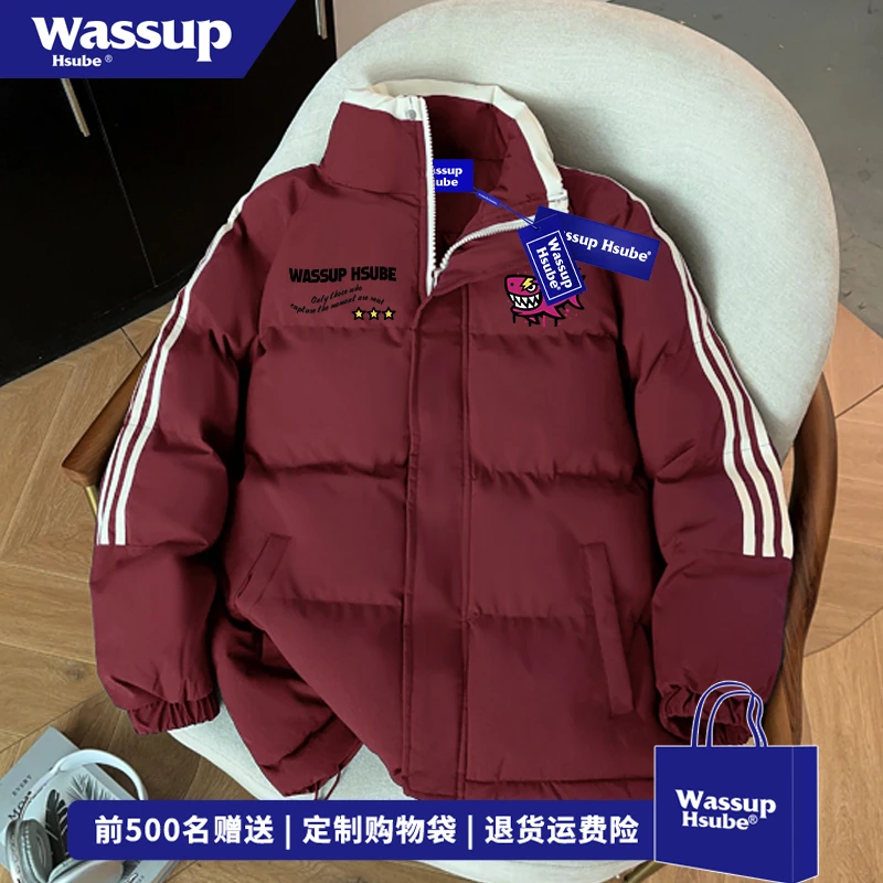 WASSUP HSUBE卡通鲨鱼字母印花棉服男冬季ins潮牌保暖三条杠外套