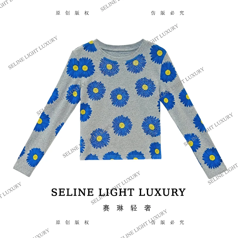 【25Q-633】 2025 SELINE 原创蓝色雏菊印花时尚轻奢气质长袖T恤
