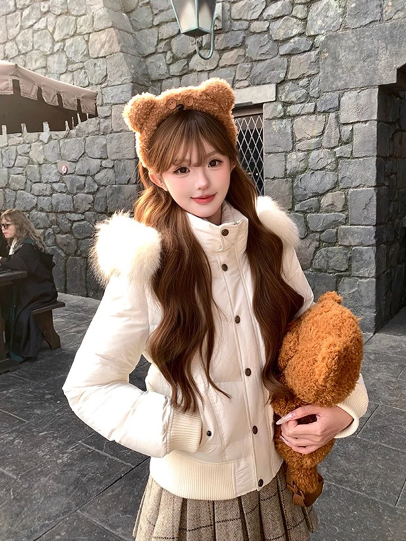 立领连帽毛领粉色棉服女2025冬季新款高级感百搭保暖加厚棉衣外套