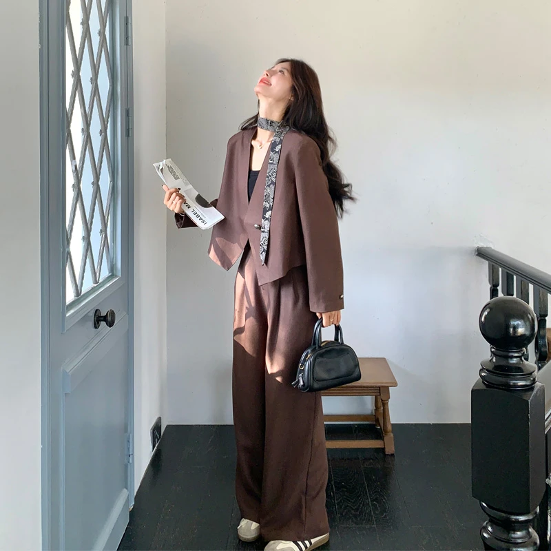 高级感简约通勤西装套装裤2025春秋新款复古美拉德V领显瘦两件套