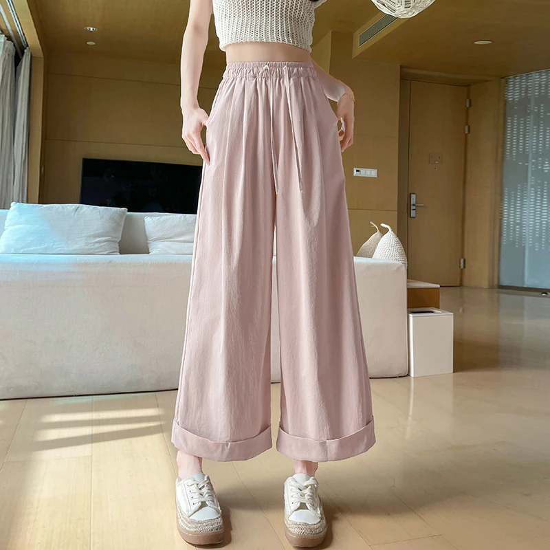 蜜糖之城冰丝阔腿裤女夏季薄款高腰显瘦宽松直筒裤小个子九分裤女