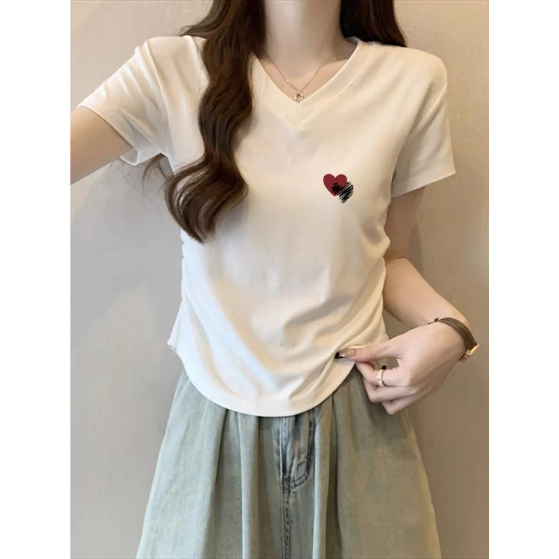 2025新款正肩V领收腰短袖女t恤小众设计感侧边褶皱白色上衣夏季潮