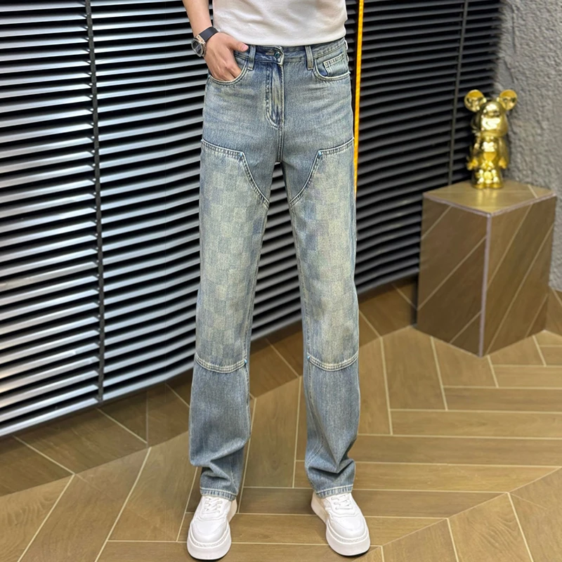 男裤拼接款牛仔裤男高品质宽松直筒裤时尚百搭男士牛仔裤修身显瘦