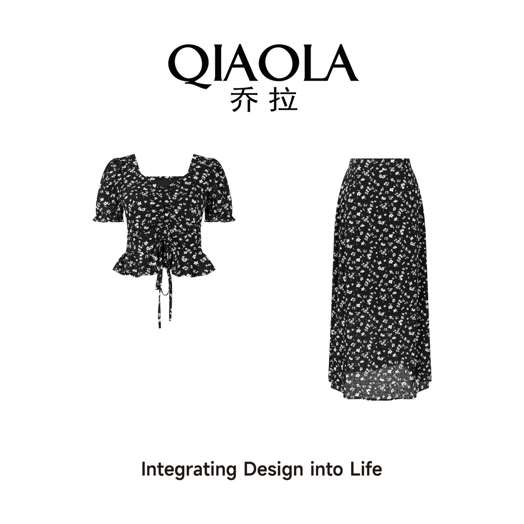 QIAOLA/乔拉【夜影繁花】夏款肌理感印花桃心领绑带中式套装预售