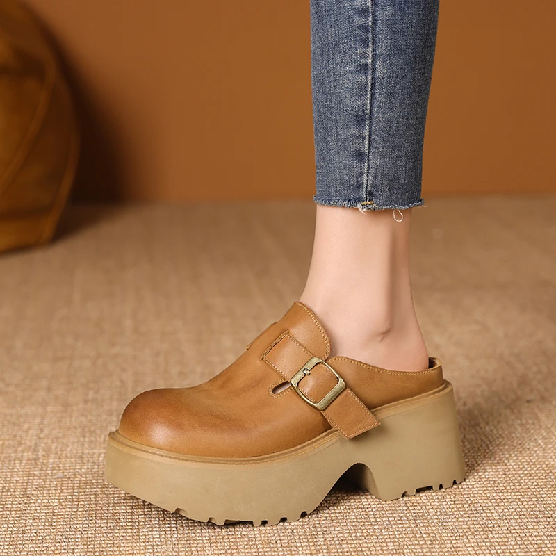 小个子显高勃肯半拖女外穿厚底粗跟包头凉鞋真皮防滑软底懒人拖鞋