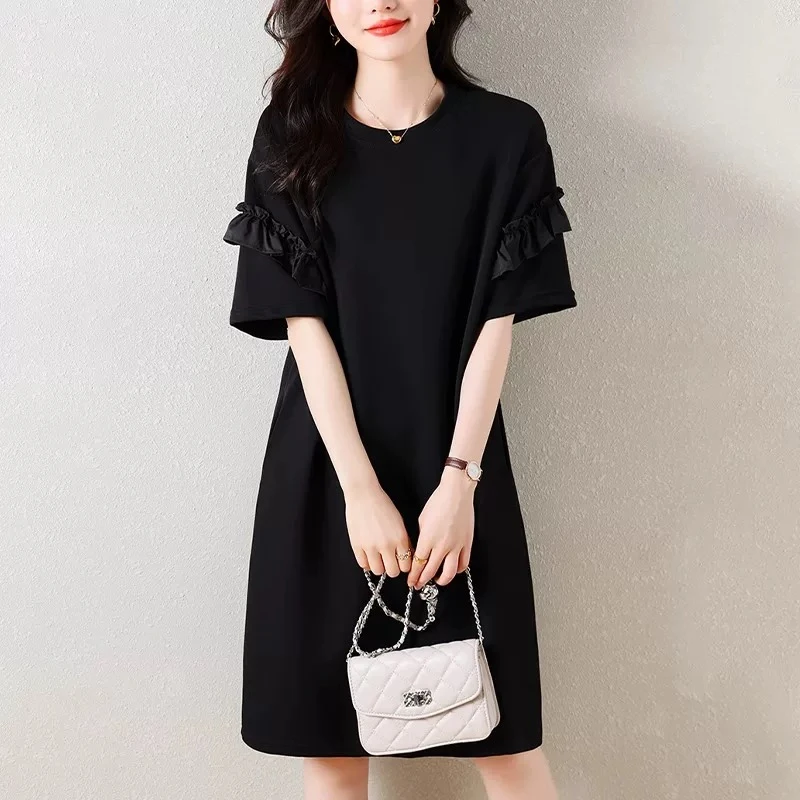 【墨墨家】2025夏装木耳边赫本法式小黑裙遮肉显瘦小个子连衣裙#881