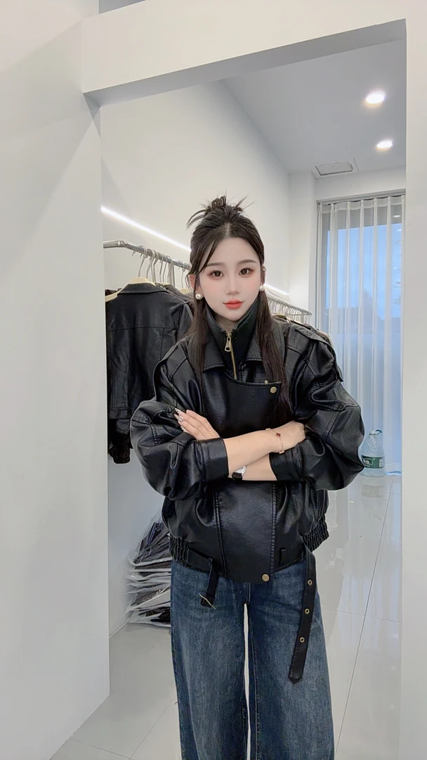 双层领泡纹绑带轻职风修身型皮衣网红设计感黑色宽松8208