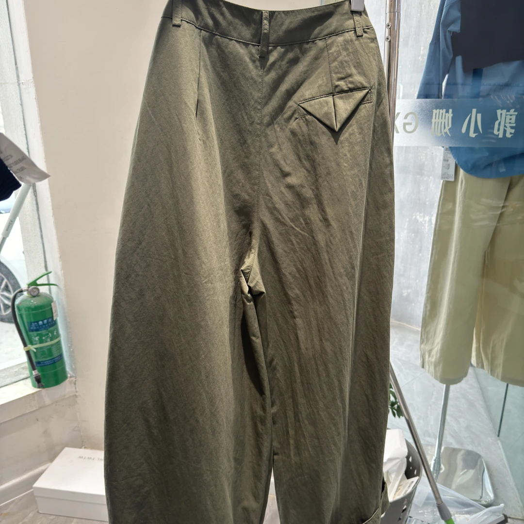 新款慵懒风阔腿直筒卫裤时尚百搭军绿色