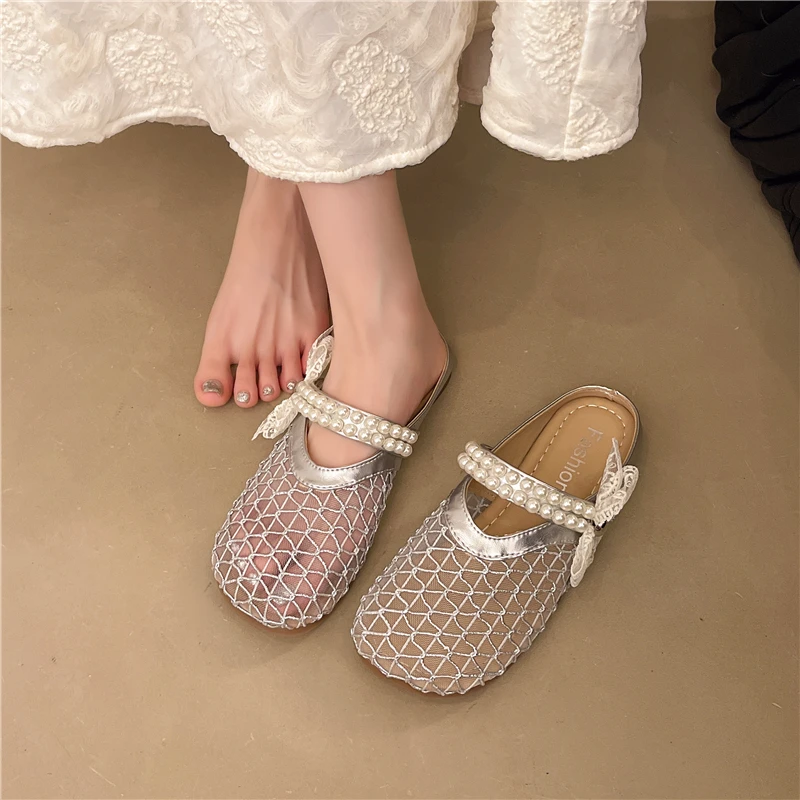 法式平底包头半拖鞋女夏外穿2025新款一脚蹬仙女风网面单鞋凉拖鞋