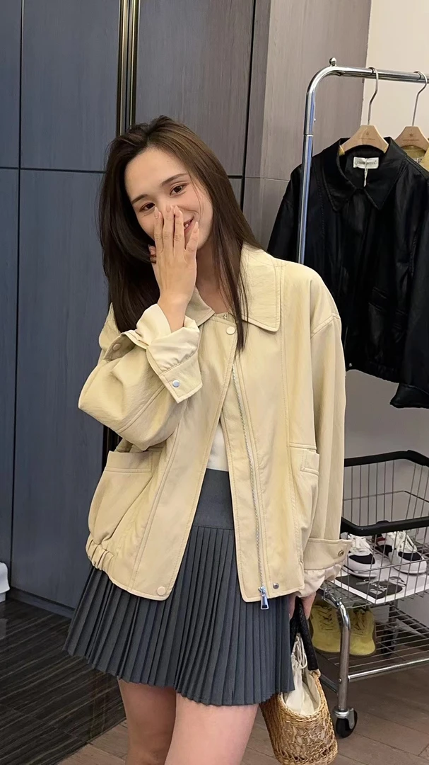 XSY22207春装新款翻领休闲洋气小众高级感蛋白皮夹克外套潮皮衣女