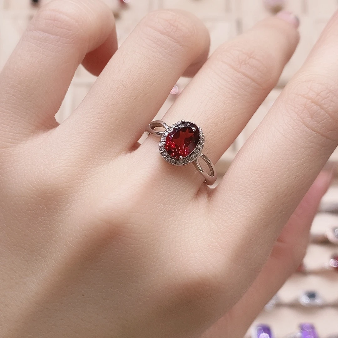 戒指石榴石银S925镶嵌戒指