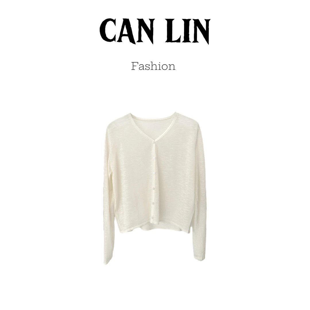 2025年春季新款V领防晒开衫宽松显瘦慵懒感纯色透色感