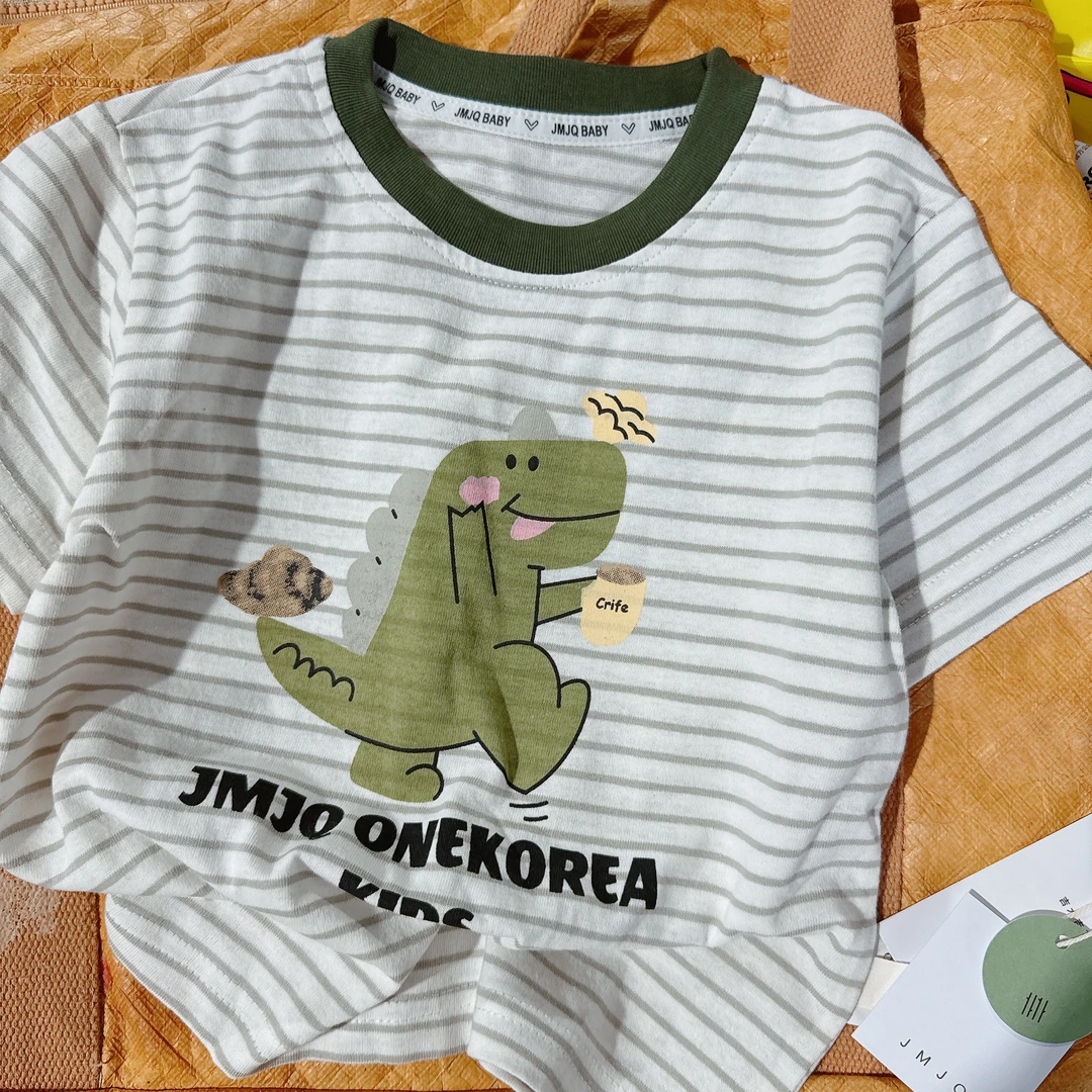 【JMJQ 25561】夏季中小童韩版亲肤色织条纹清爽恐龙印花短袖体恤