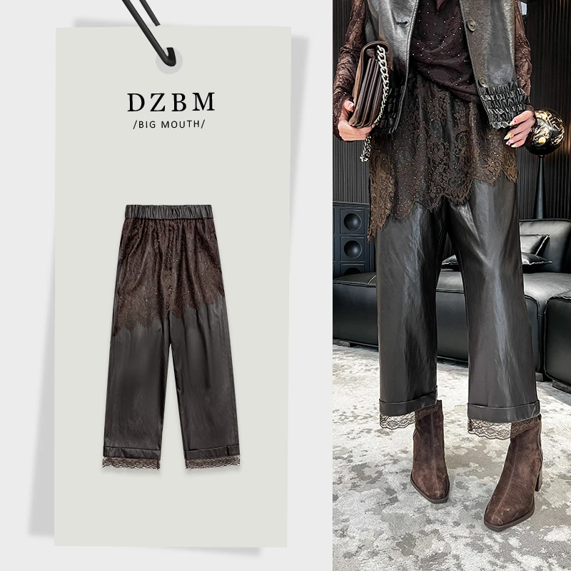 【DZBM】2025早秋新款重工烫钻假两件松紧腰设计九分皮裤-K3903