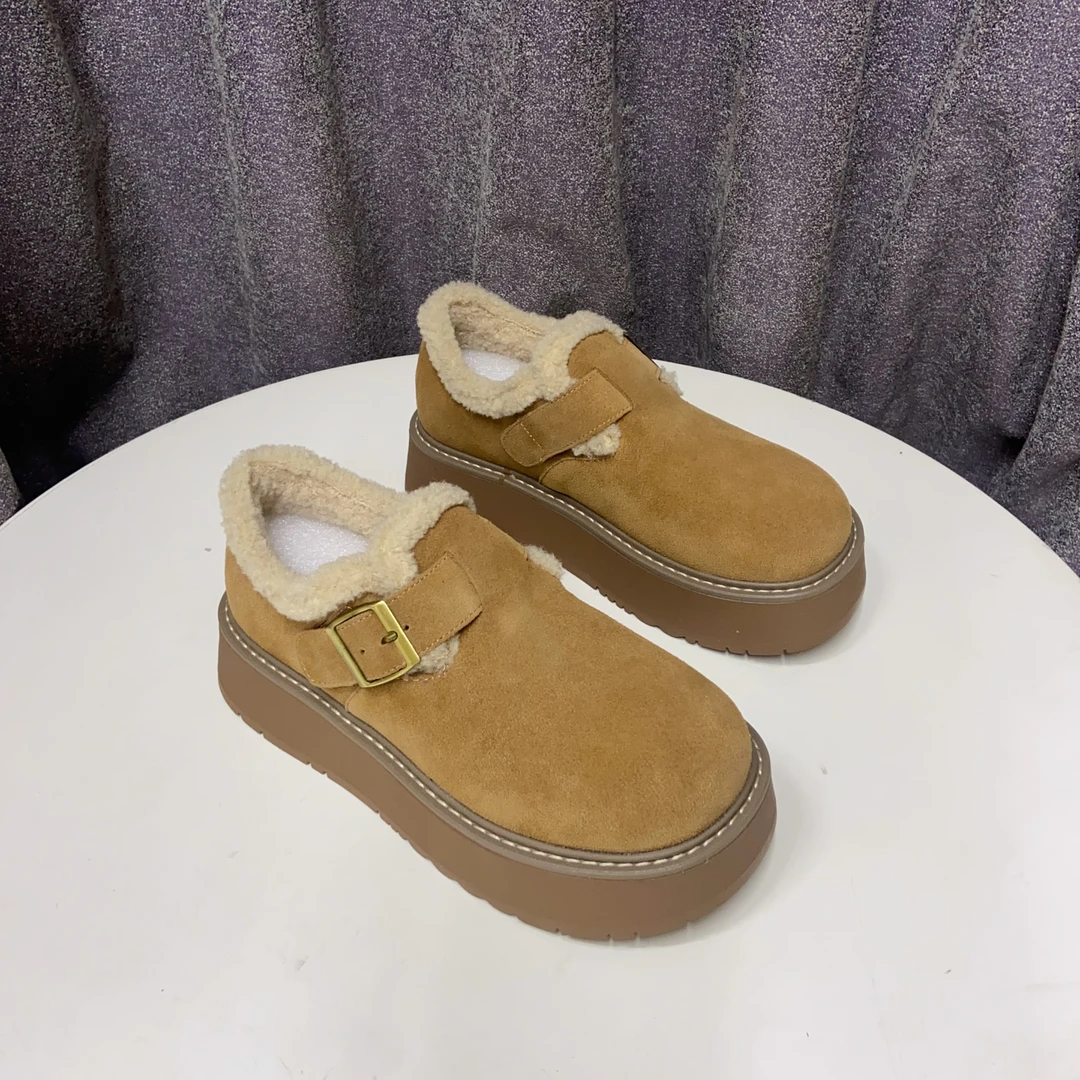 C8825    焦糖色加绒  2025新款复古一脚蹬厚底加绒博肯单鞋