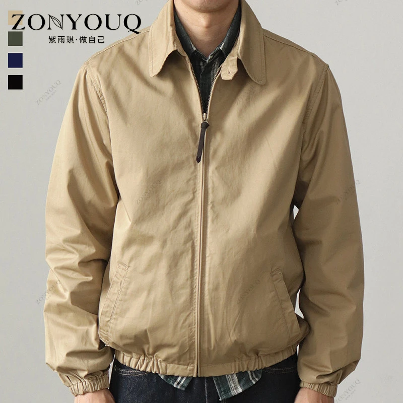 夹克外套男士春秋美式复古短款拉链翻领行政商务休闲纯棉工装上衣