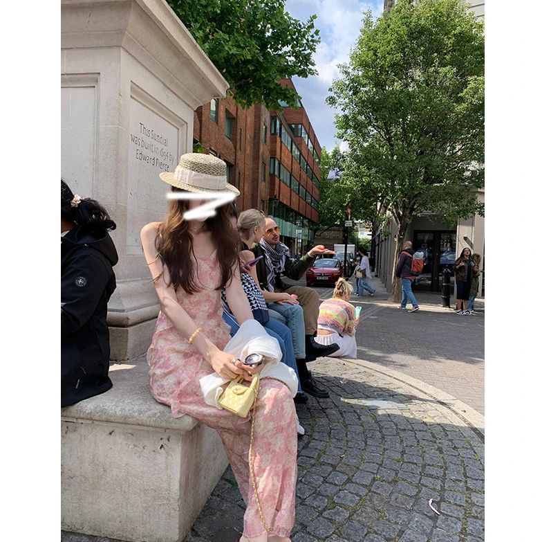 蝴蝶替身 夏季两色碎花v领吊带长裙气质甜美优雅无袖吊带连衣裙女