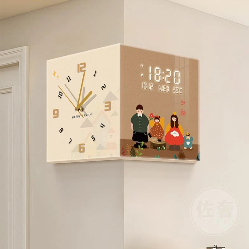 一家三口转角时钟万年历电子钟双面转角挂钟客厅拐角钟表挂墙家用