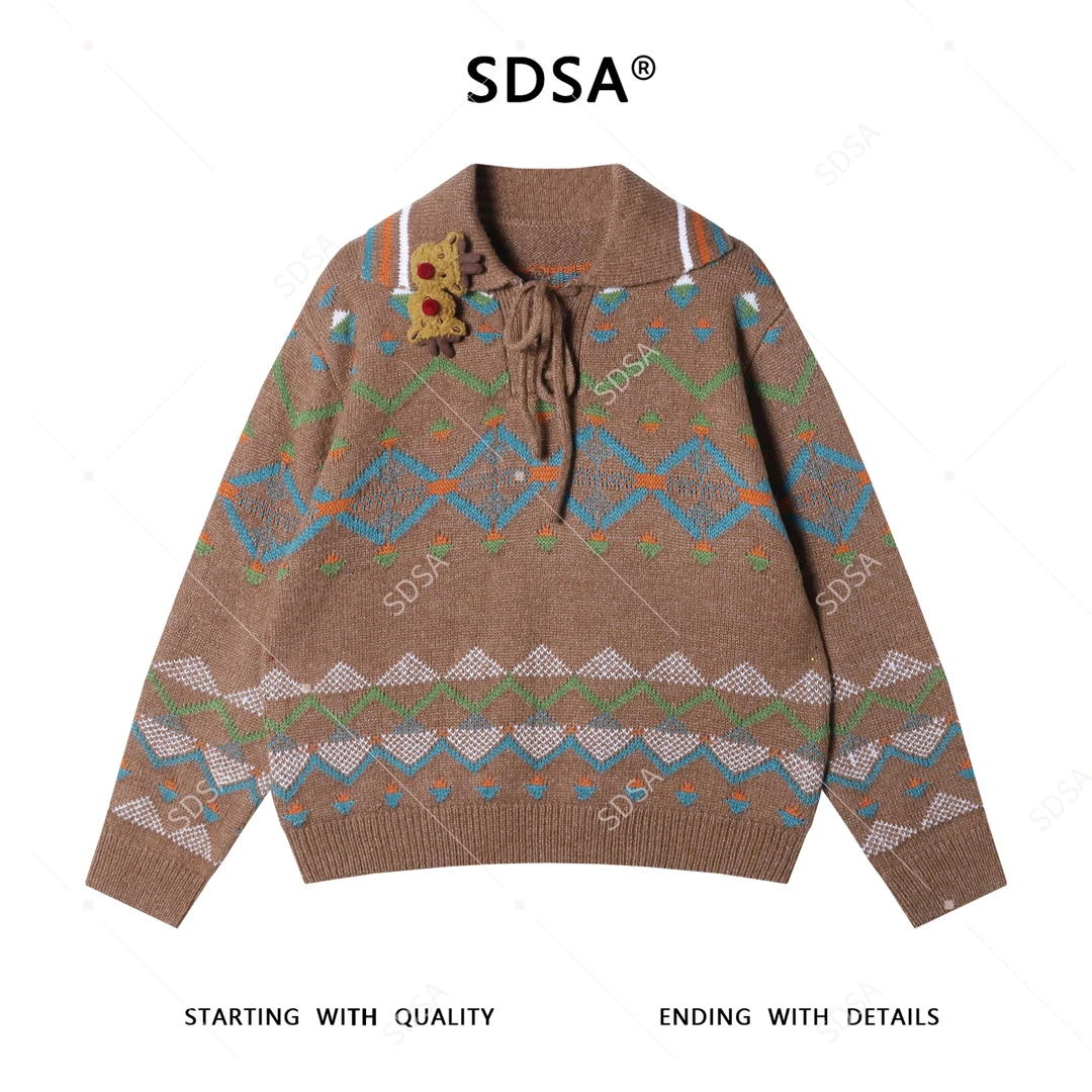 SDSA秋冬新款痞帅男装复古趣味条纹抽绳翻领毛衣百搭套头针织衫