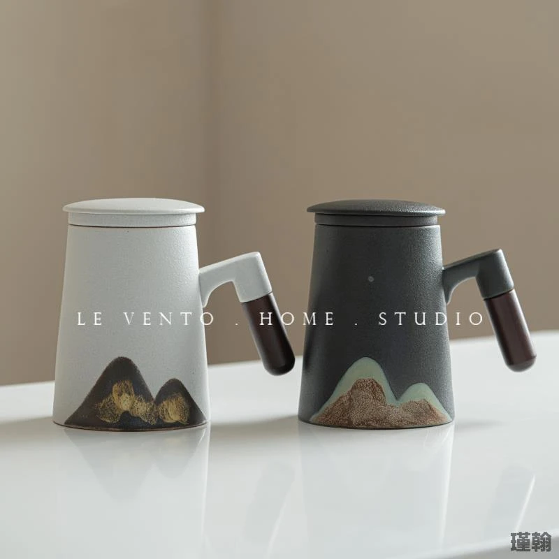 远山简约日式陶瓷茶水分离泡茶杯B带盖过滤复古磨砂个人专用马克