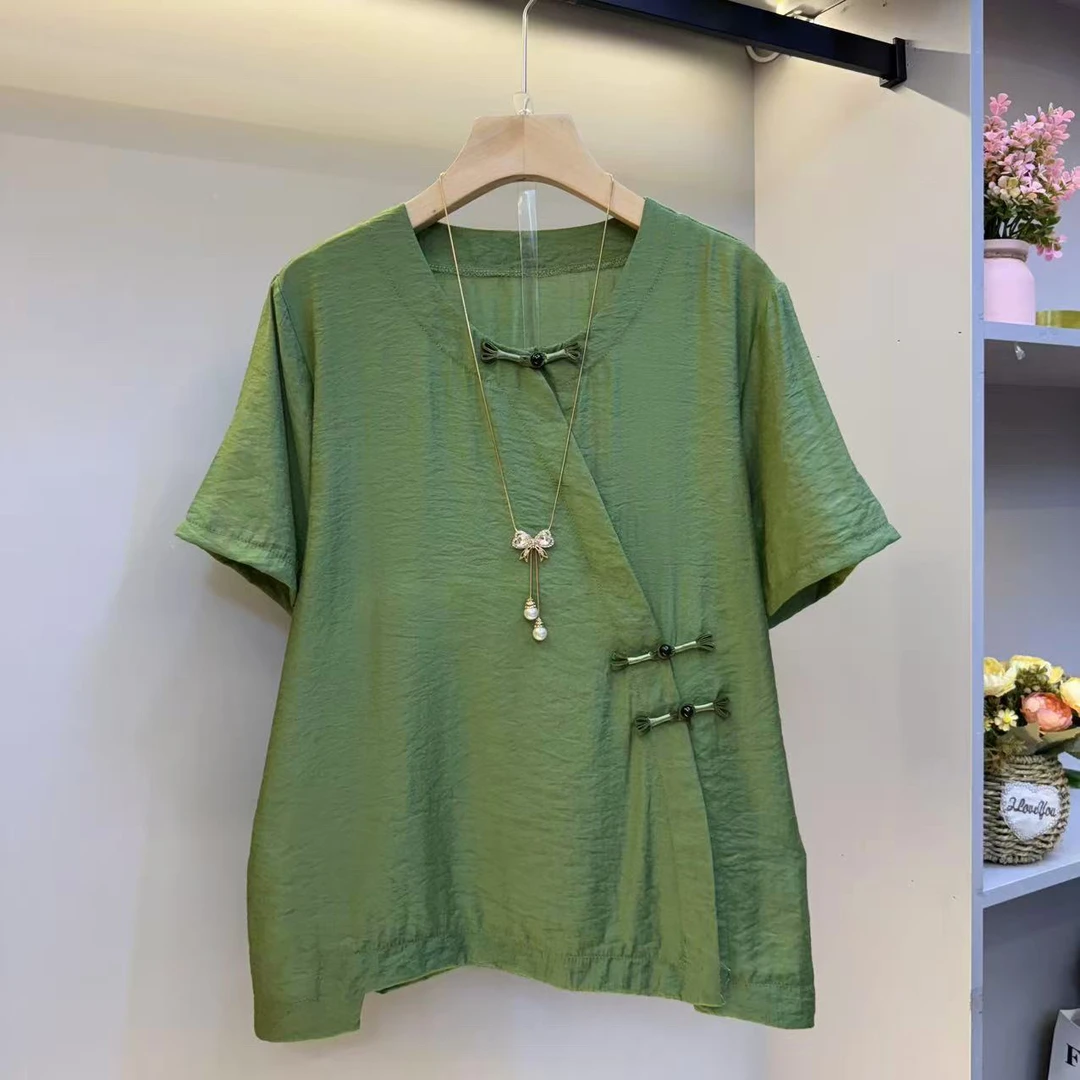 时尚2025新款盘扣复古风新中式宽松气质短袖衫536