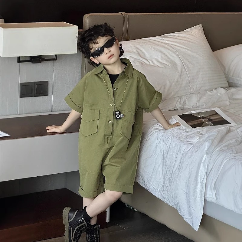 男童夏款连体衣夏季童装2025工装宝宝短袖酷帅外穿儿童夏装潮套装