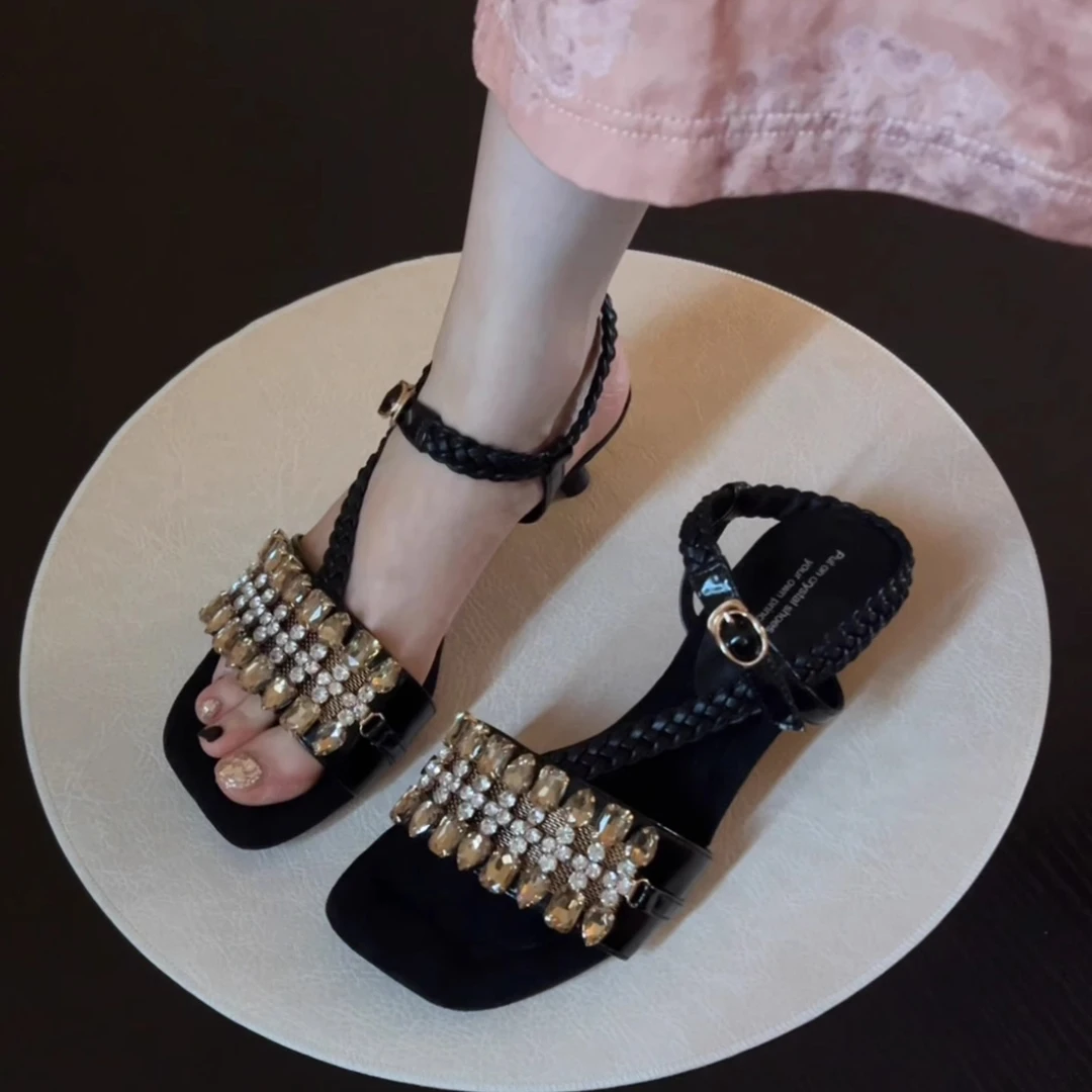 Pokoy-5cm一字带水钻凉鞋