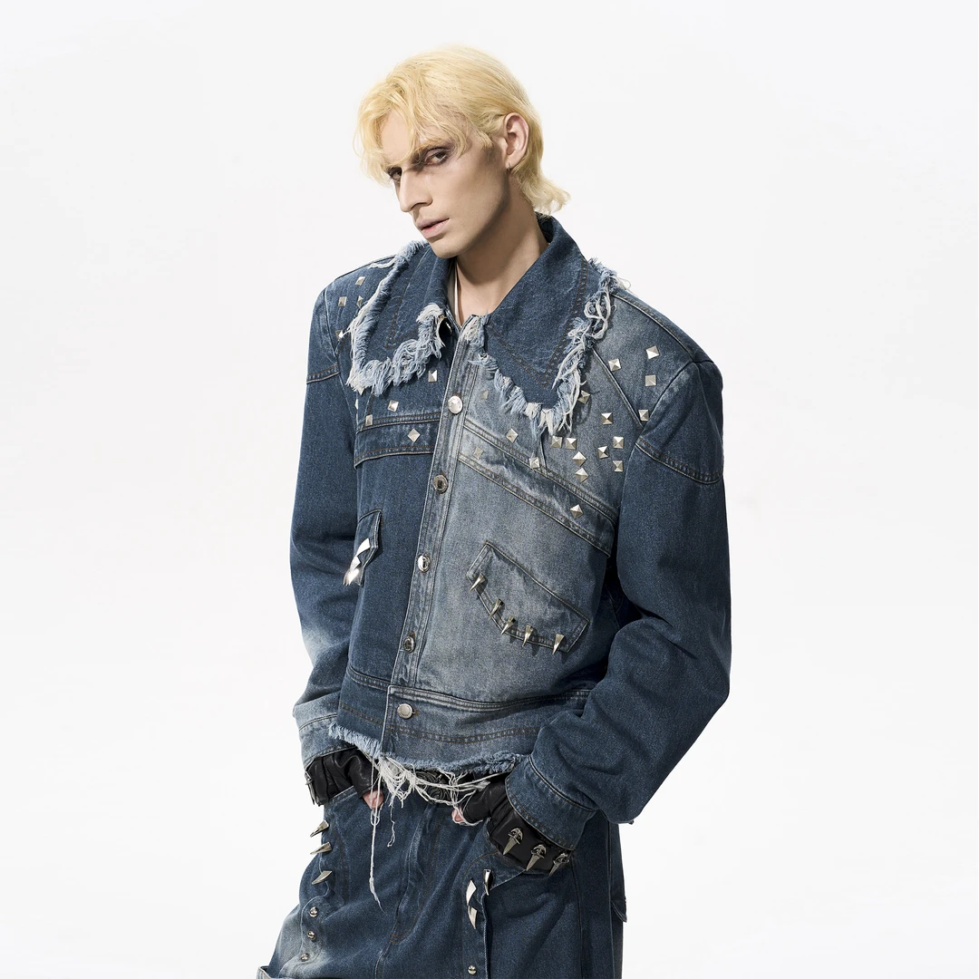 STARTEXCEEDEND 金属铆钉设计感牛仔外套男秋季小众做旧毛边夹克