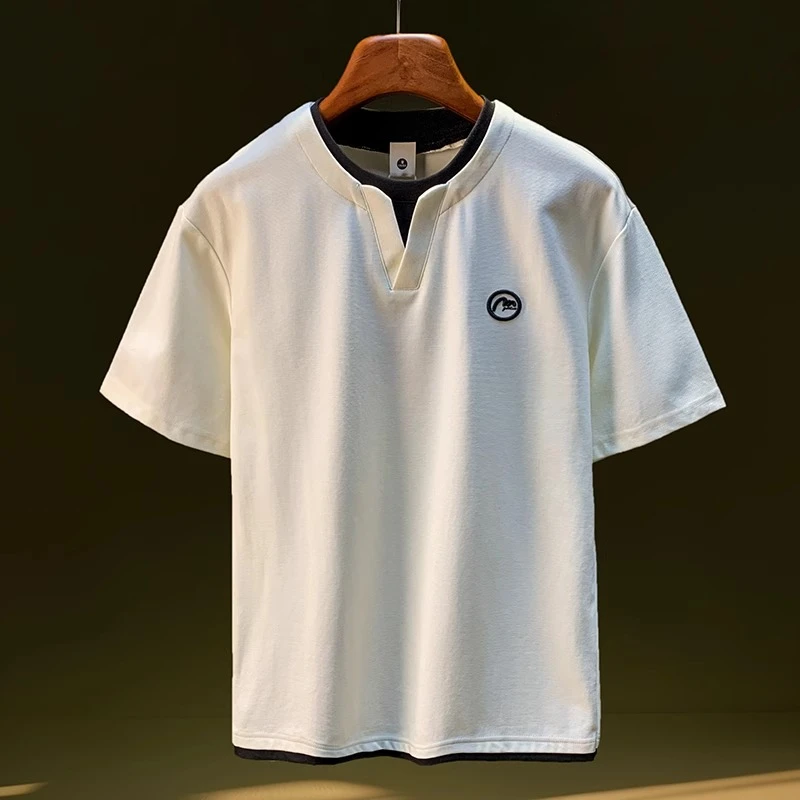 JJ夏季T恤男潮流针织刺绣V领假两件叠穿短袖体恤吸汗透气薄款上衣