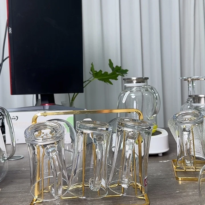 水晶玻璃无盖款320毫升六只➕金色杯架