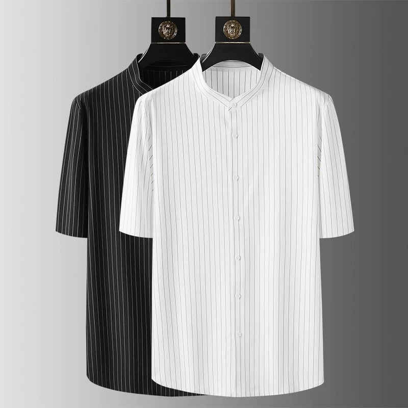 中式立领五分袖衬衫男夏季高级感冰丝滑抗皱休闲无痕中袖圆领衬衣