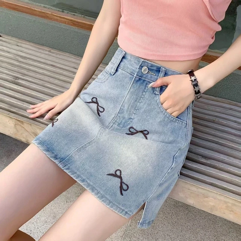 新款春夏季小个子高腰宽松A字中长款半身裙牛仔裙.蝴蝶短裙6691
