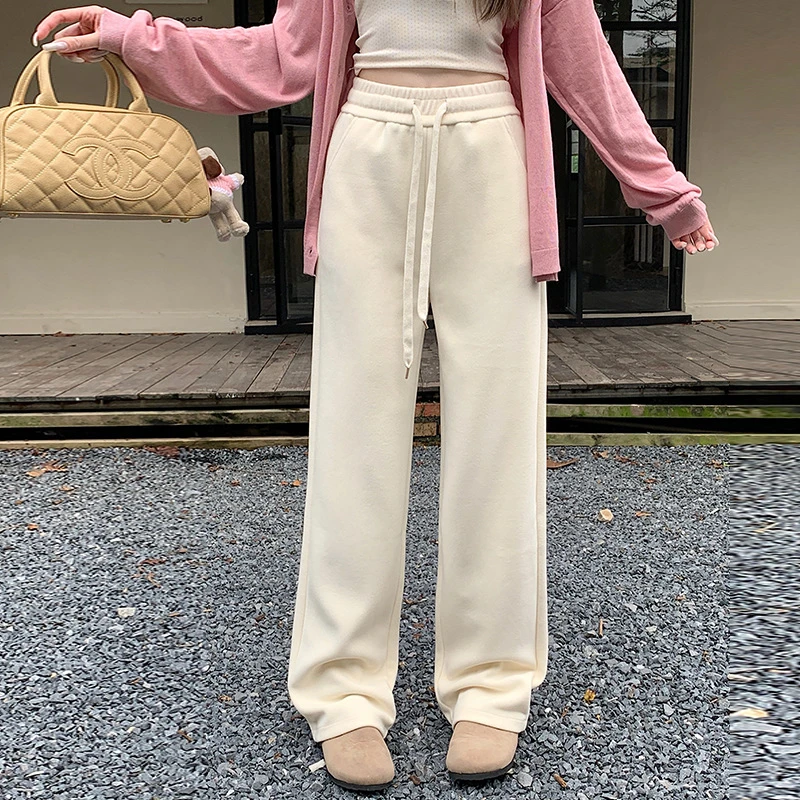 24秋冬新款窄版直筒裤女软糯垂感保暖糯米绒阔腿裤韩版高级感裤子