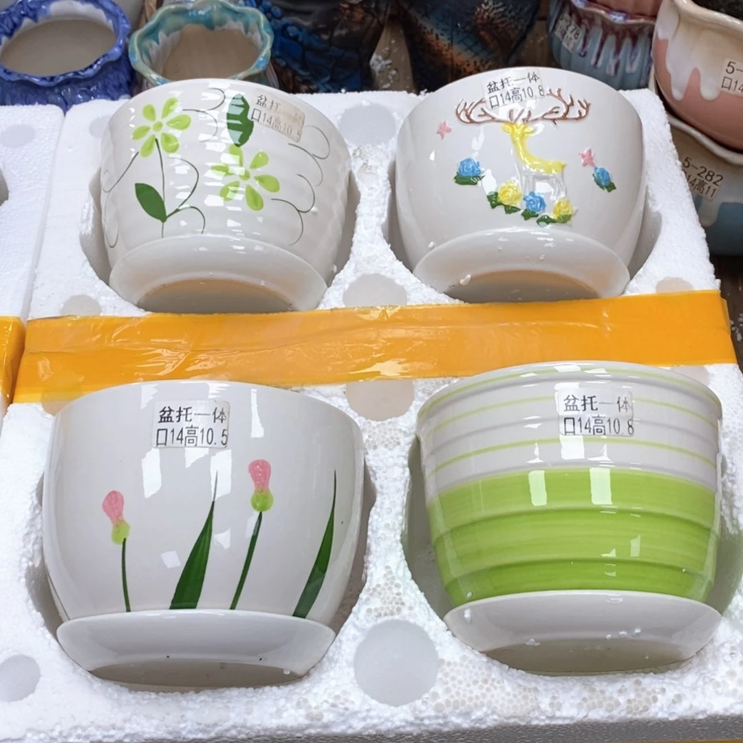 @陶瓷花盆@@四个手绘