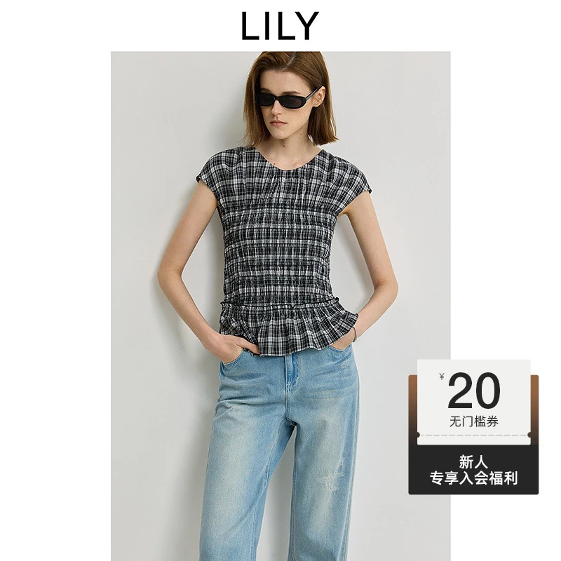 LILY2025夏新款女装复古黑白格纹花边圆领修身套头衫125249C8962