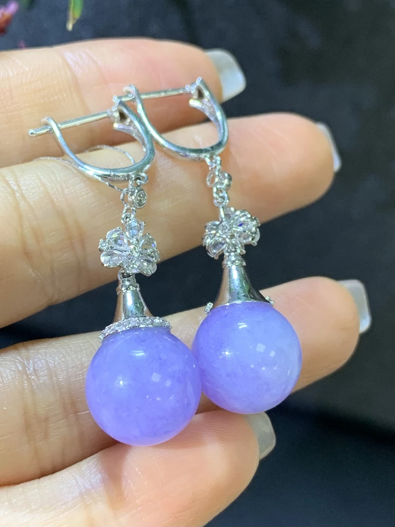 紫罗兰圆珠耳坠 天然翡翠A货 裸石：12.4mmLLZ12.27紫色粉紫正圆