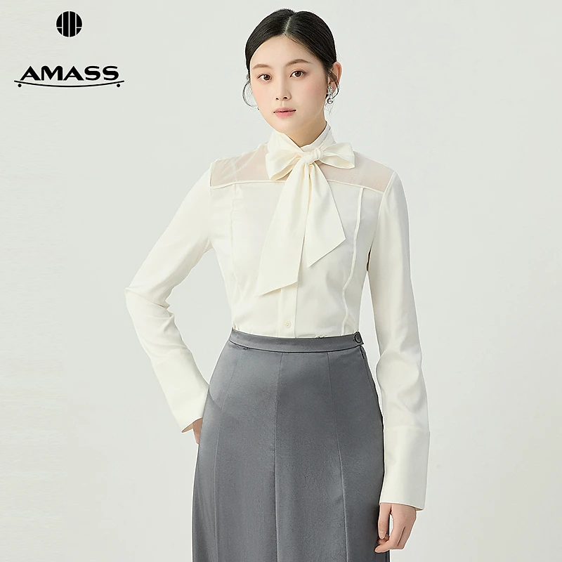 阿玛施AMASS新款通勤优雅气质蕾丝拼接飘带丝质长袖衬衫女5301058