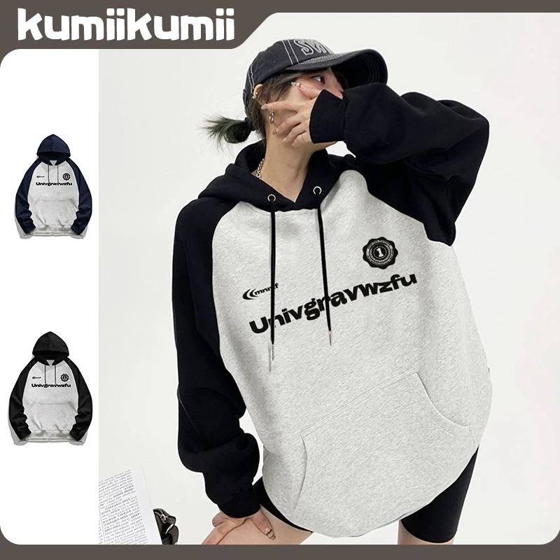 无品牌冬季字母印花插肩加绒加厚百搭长袖休闲连帽卫衣#T012225