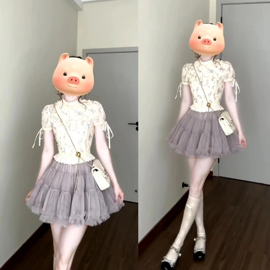 甜美洋气减龄套装女2025夏季紫碎花刺绣蕾丝蝴蝶结衬衫上衣短裙子