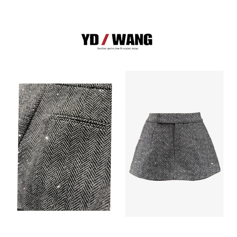 【YD精选】 人字纹满钻裙裤   气质短裤显瘦显腿长百搭高腰女士