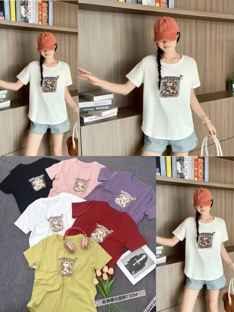 【亏本清仓】T恤7309夏季新款小狗图案短袖弧形下摆显瘦宽松百搭女